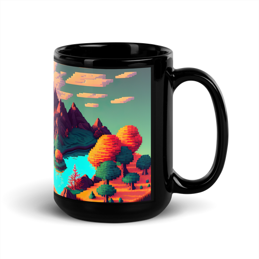 Isometric Landscape Pixel Art Island (Fire) Black Glossy Mug - Eclectic-Visions