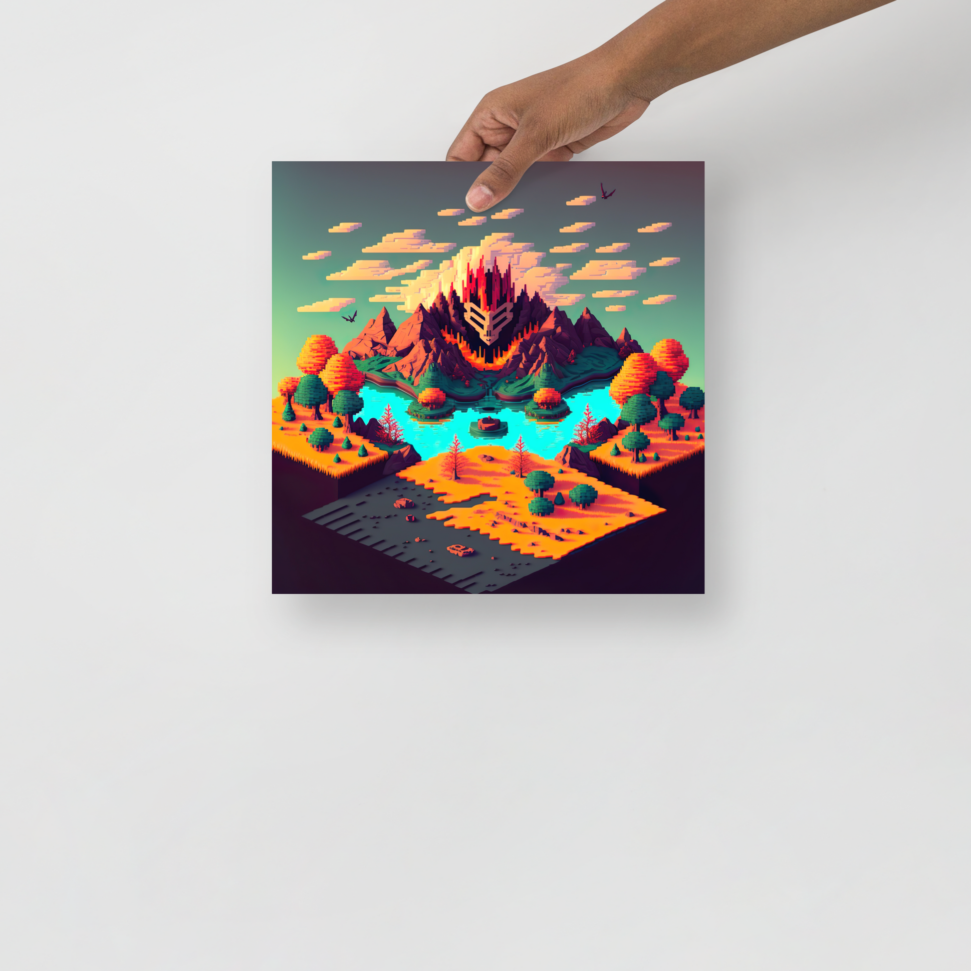 Isometric Landscape Pixel Art Island (Fire) Semi-Glossy Photo paper poster - Eclectic-Visions