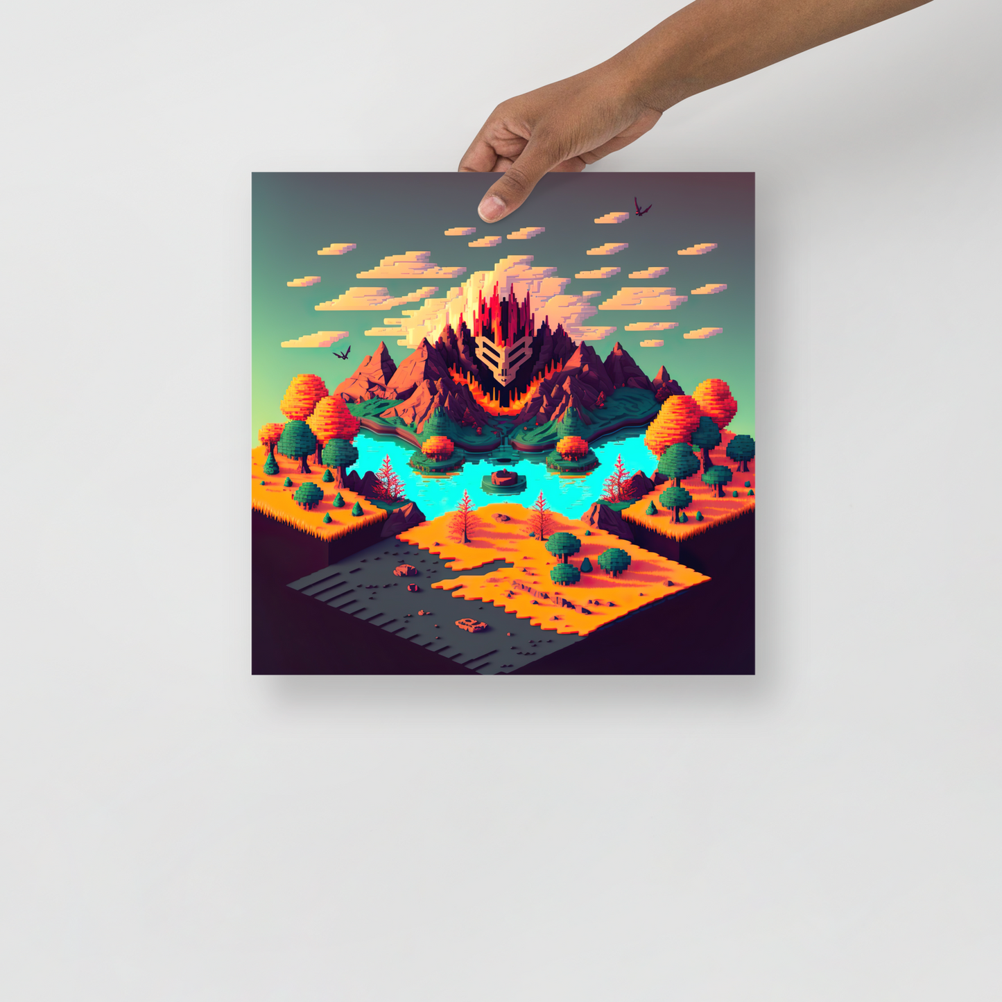 Isometric Landscape Pixel Art Island (Fire) Semi-Glossy Photo paper poster - Eclectic-Visions