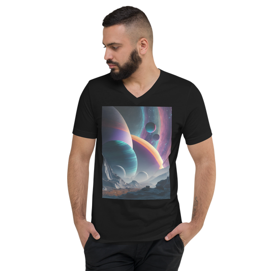 Iridescent Planet Cluster Unisex Short Sleeve V-Neck T-Shirt - Eclectic-Visions