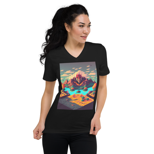 Isometric Landscape Pixel Art Island (Fire) Unisex Short Sleeve V-Neck T-Shirt - Eclectic-Visions